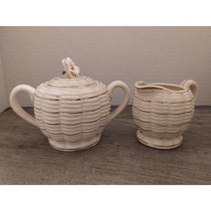 Japanese Basket Weave Porcelain Creamer and Sugar Bowl with Lid